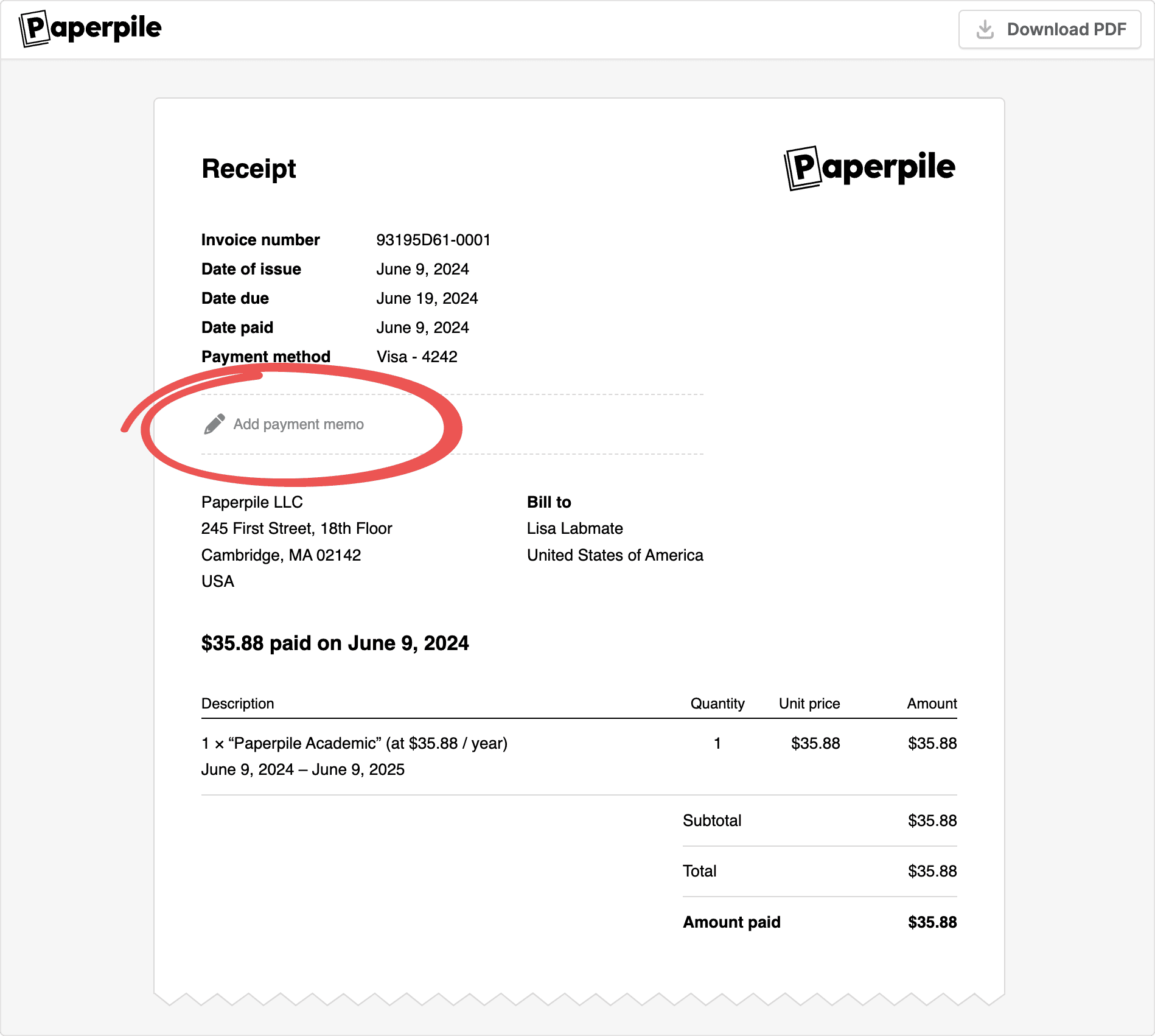 The same paid receipt with the “Add payment memo” field circled below the payment details, above the biller and “Bill to” addresses and the $35.88 line item.